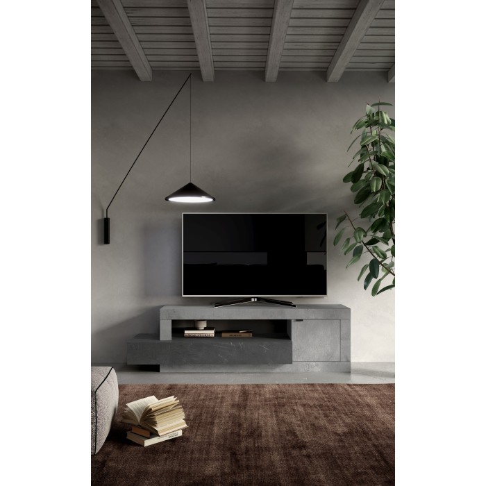 Meuble TV 1 porte 1 tiroir collection DOMI. Coloris effet béton et gris anthracite, idéal dans un salon design