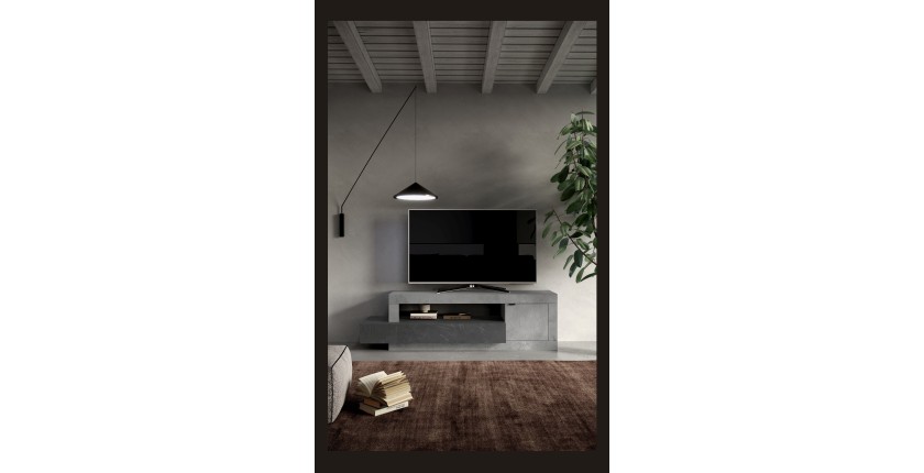 Meuble TV 1 porte 1 tiroir collection DOMI. Coloris effet béton et gris anthracite, idéal dans un salon design