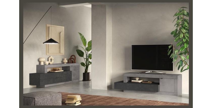 Meuble TV 1 porte 1 tiroir collection DOMI. Coloris effet béton et gris anthracite, idéal dans un salon design