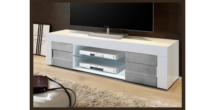 Meuble tv 180cm, 2 portes, collection JET, coloris blanc laqué brillant et gris aspect béton