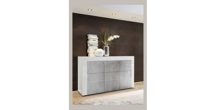 Buffet haut 3 portes, collection JET, coloris blanc laqué brillant et gris aspect béton