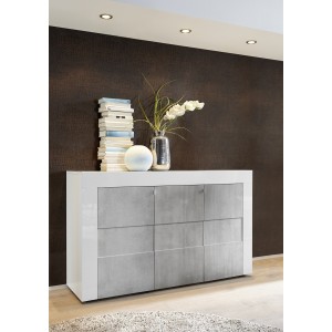 Buffet haut 3 portes, collection JET, coloris blanc laqué brillant et gris aspect béton