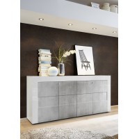 Buffet 4 portes 181cm, collection JET, coloris blanc laqué brillant et gris aspect béton