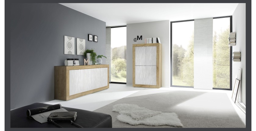 Buffet design 4 portes en bois collection ACCESS. Coloris blanc et chêne clair