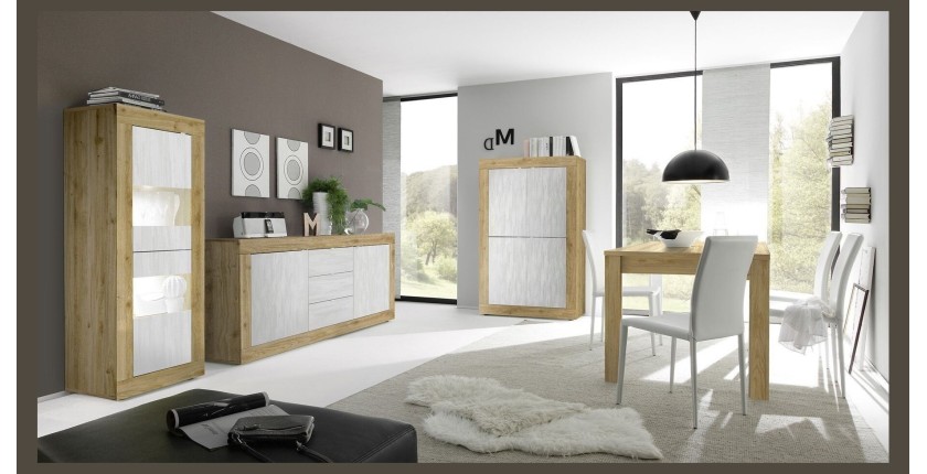 Buffet design 4 portes en bois collection ACCESS. Coloris blanc et chêne clair