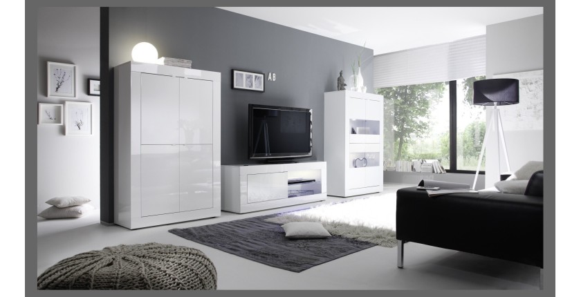 Meuble TV 1 porte, collection CISA, coloris blanc laqué brillant