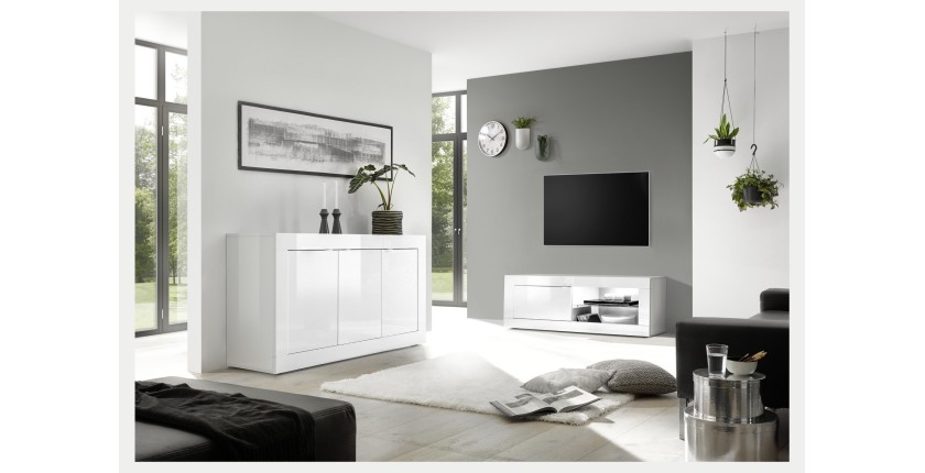 Meuble TV 1 porte, collection CISA, coloris blanc laqué brillant