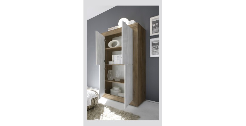 Buffet design 4 portes en bois collection ACCESS. Coloris blanc et chêne foncé