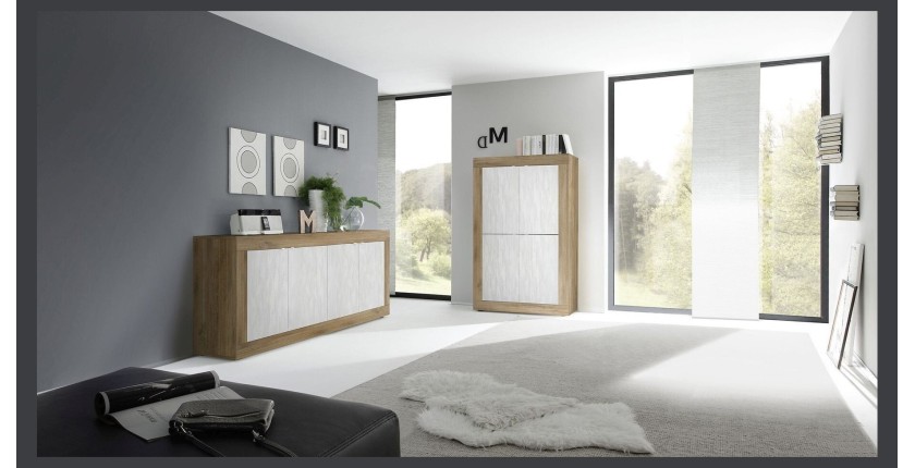 Buffet design 4 portes en bois collection ACCESS. Coloris blanc et chêne foncé