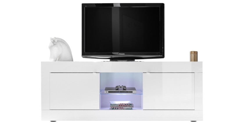 Meuble TV 2 portes, collection CISA, coloris blanc laqué brillant