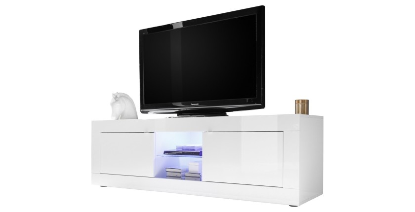 Meuble TV 2 portes, collection CISA, coloris blanc laqué brillant