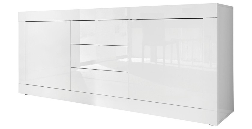 Buffet 2 portes 3 tiroirs, collection CISA, coloris blanc laqué brillant