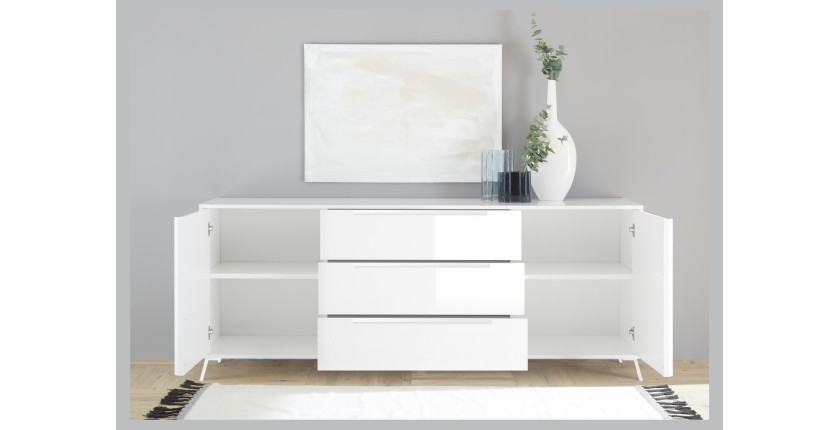 Buffet 2 portes 3 tiroirs collection SKY. Coloris blanc laqué brillant