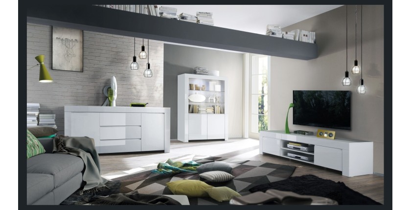 Meuble TV 2 portes, collection FOLOMI, coloris blanc laqué brillant