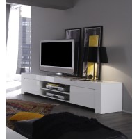 Meuble TV 2 portes, collection FOLOMI, coloris blanc laqué brillant