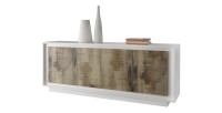 Buffet 4 portes en bois, collection FALL, coloris blanc mat laqué et chêne foncé