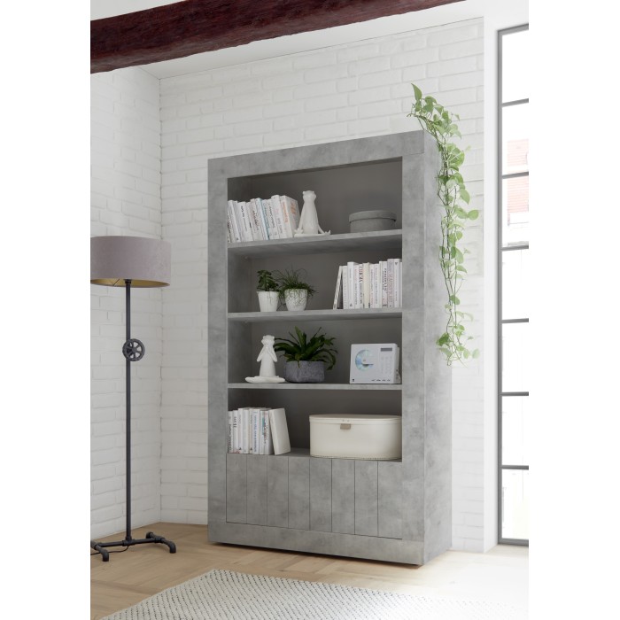 Vitrine 2 portes en bois avec étagères, collection URBAN, coloris gris aspect béton