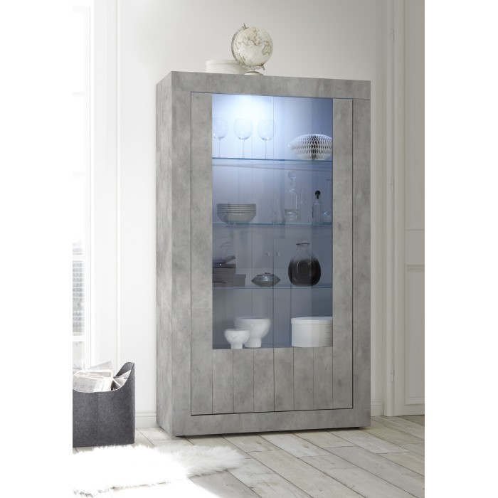 Vitrine en bois avec 2 portes en verres, collection URBAN, coloris gris aspect béton