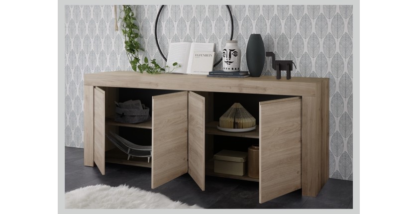 Buffet 4 portes en bois, collection ZEFIR, coloris chêne clair, parfait pour votre salon