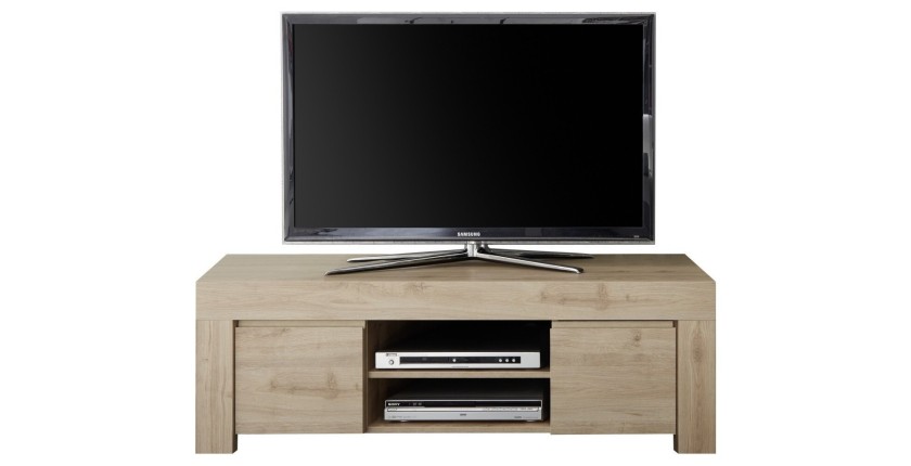 Meuble TV 2 portes, collection ZEFIR, coloris chêne clair, idéal pour un salon tendance et moderne