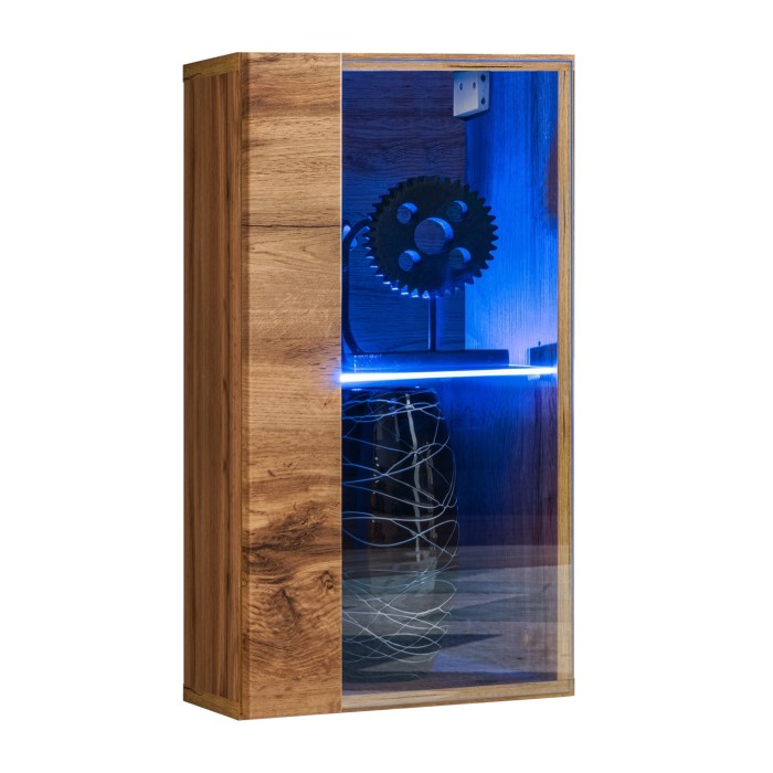 Vitrine suspendue petit modèle coloris chêne pour salon collection SWITCH. 1 porte vitrée avec éclairage LED inclus.