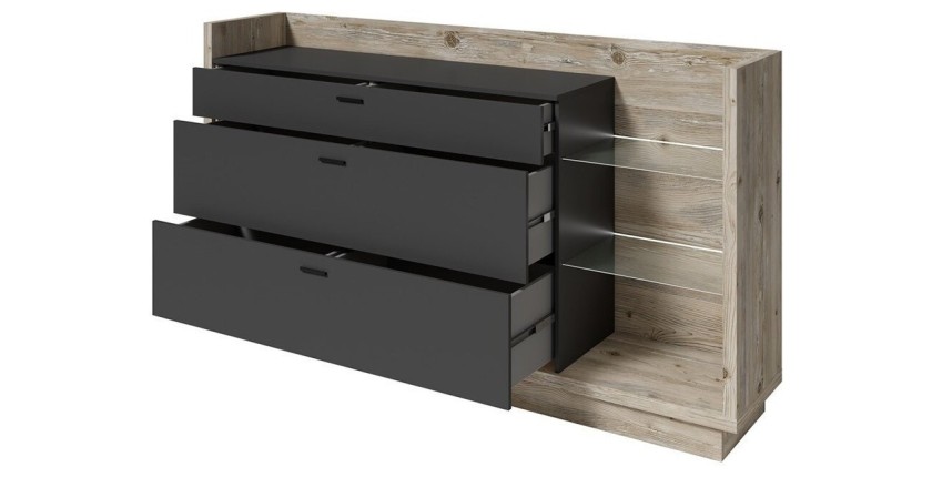 Buffet design XL 200cm. Collection CORK 3 tiroirs et étagères. Coloris pin et gris anthracite