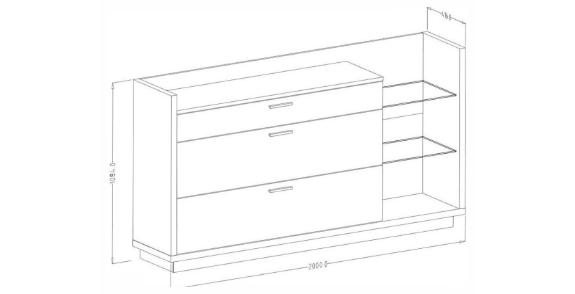 Buffet design XL 200cm. Collection CORK 3 tiroirs et étagères. Coloris gris et pin