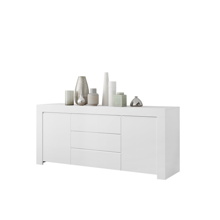 Buffet 2 portes et 3 tiroirs, collection ZEFIR, coloris blanc mat, parfait pour votre salon