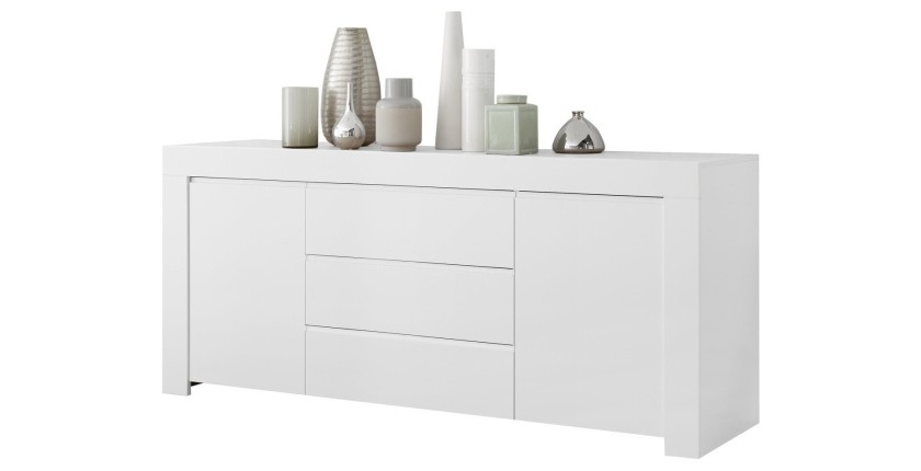 Buffet 2 portes et 3 tiroirs, collection ZEFIR, coloris blanc mat, parfait pour votre salon