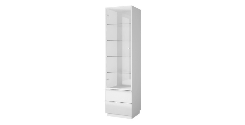 Vitrine haute, 1 porte vitrée et 2 tiroirs collection ZANTE. Coloris blanc brillant