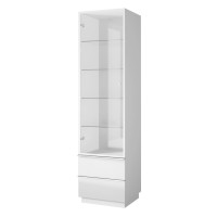 Vitrine haute, 1 porte vitrée et 2 tiroirs collection ZANTE. Coloris blanc brillant