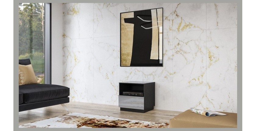 Petit Meuble TV ou meuble d'appoint 50cm collection ZANTE avec 1 tiroir et une niche. Couleur noir et gris brillant