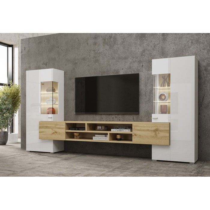 Ensemble de 3 meubles de salon collection KOBEE. Couleur blanc et chêne