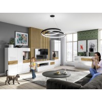 Meuble TV 160cm collection KILES. Coloris blanc et chêne. Style design