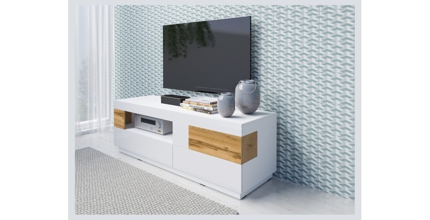 Meuble TV 160cm collection KILES. Coloris blanc et chêne. Style design