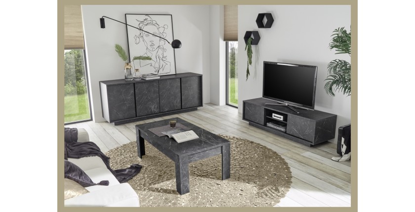 Meuble TV 2 portes, collection COLOMARMO, coloris noir effet marbre, idéal pour votre salon tendance et moderne