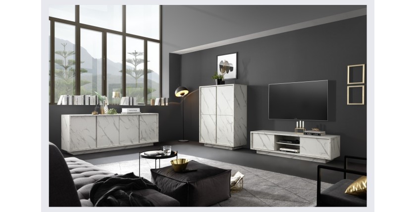 Buffet 4 portes, collection COLOMARMO, coloris blanc effet marbre, idéal pour un salon ou une salle à manger design