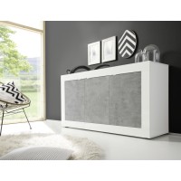 Buffet 3 portes, collection CISA, coloris blanc et gris effet béton, idéal pour votre salon ou salle à manger