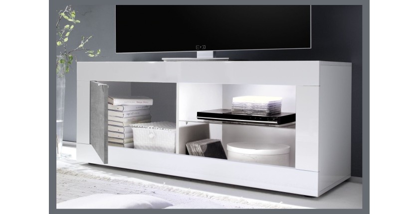 Meuble TV 1 porte, collection CISA, coloris blanc laqué brillant et gris effet béton