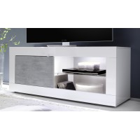 Meuble TV 1 porte, collection CISA, coloris blanc laqué brillant et gris effet béton