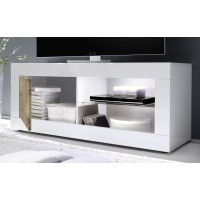 Meuble TV 1 porte, collection CISA, coloris blanc laqué brillant et chêne clair