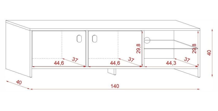 Meuble TV RABBIT 140cm, 2 portes et 4 niches, coloris blanc mat