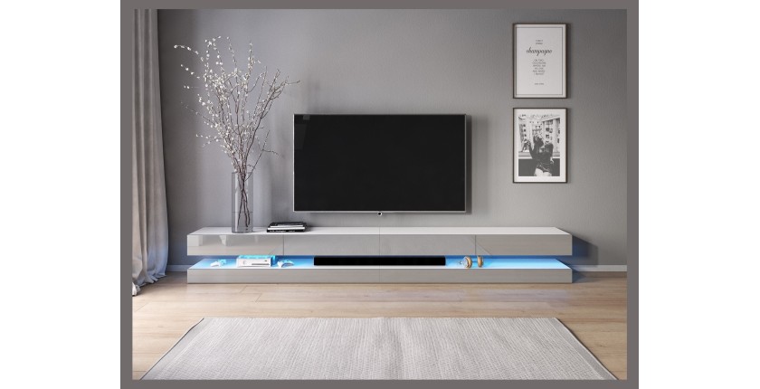 Meuble TV design suspendu FLY 280 cm à 4 tiroirs, couleur gris clair + LED