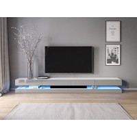 Meuble TV design suspendu FLY 280 cm à 4 tiroirs, couleur gris clair + LED