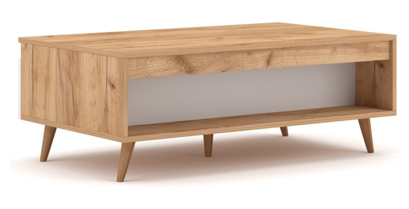 Table basse TRU 100 cm avec 1 tiroir et 1 niche, coloris chêne clair et blanc