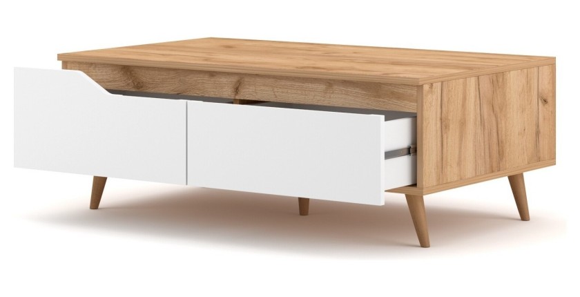 Table basse TRU 100 cm avec 1 tiroir et 1 niche, coloris chêne clair et blanc