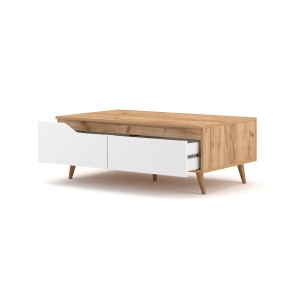 Table basse TRU 100 cm avec 1 tiroir et 1 niche, coloris chêne clair et blanc