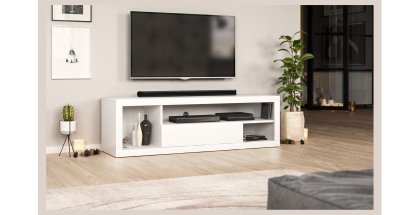 Meuble TV WHAT 140cm, 1 porte et 4 niches, coloris blanc mat