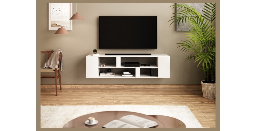 Meuble TV suspendu collection CLARA coloris blanc 155cm avec 6 niches