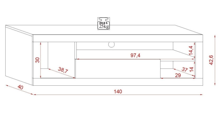 Meuble TV WHAT 140cm, 1 porte et 4 niches, coloris chêne clair et porte noir